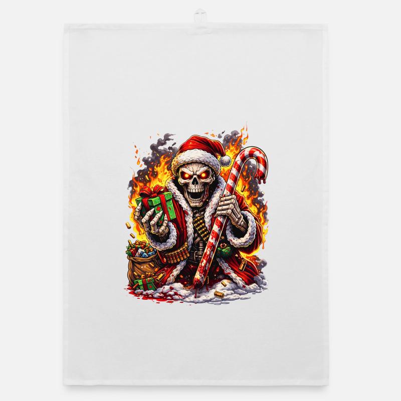 Fire Skeleton Santa with Candy Cane Organic dish towel