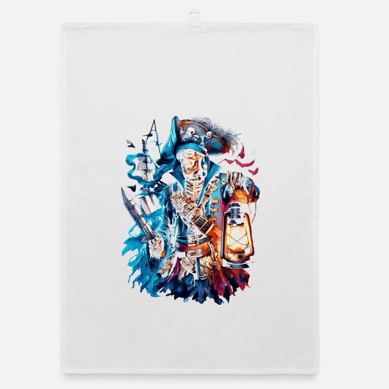 Skeleton pirate in lantern light Organic dish towel