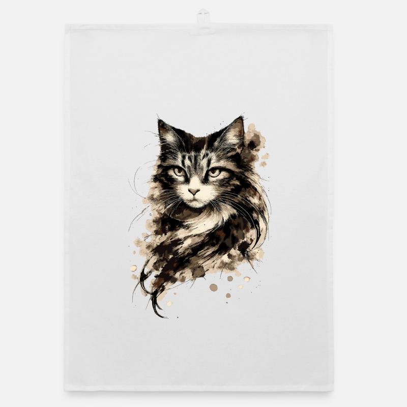 Portrait de chat à l’aquarelle avec éclaboussures d’encre Torchon bio