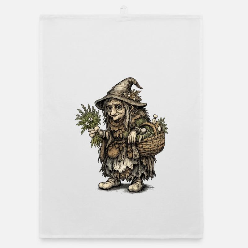 Herb Witch | Harvest witch with basket and herbs Organic dish towel