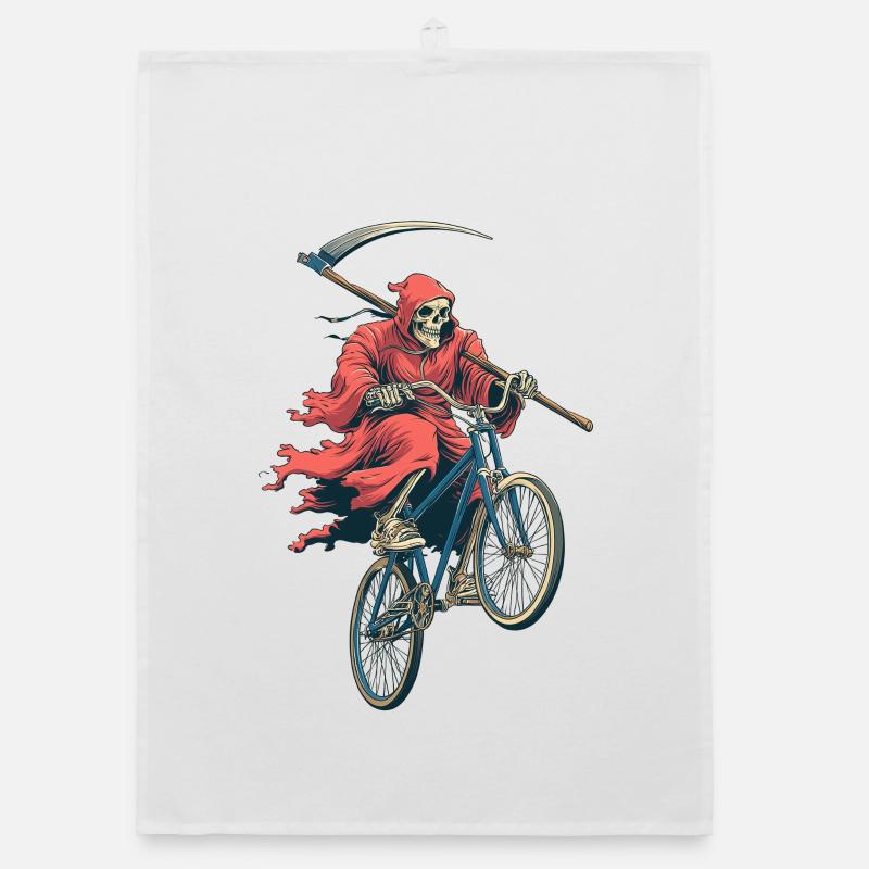 Skeleton in red cape on bicycle Organic dish towel
