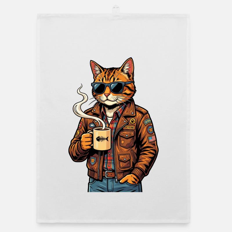 Cat biker with coffee Organic dish towel