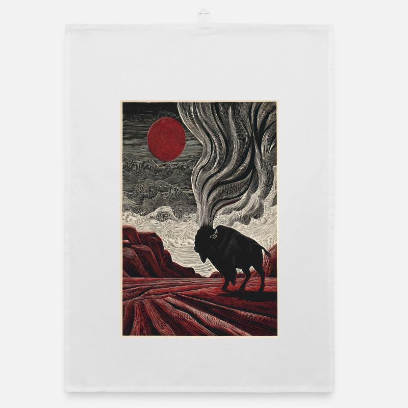 Bison Under Crimson Sun in Etched Landscape Organic dish towel