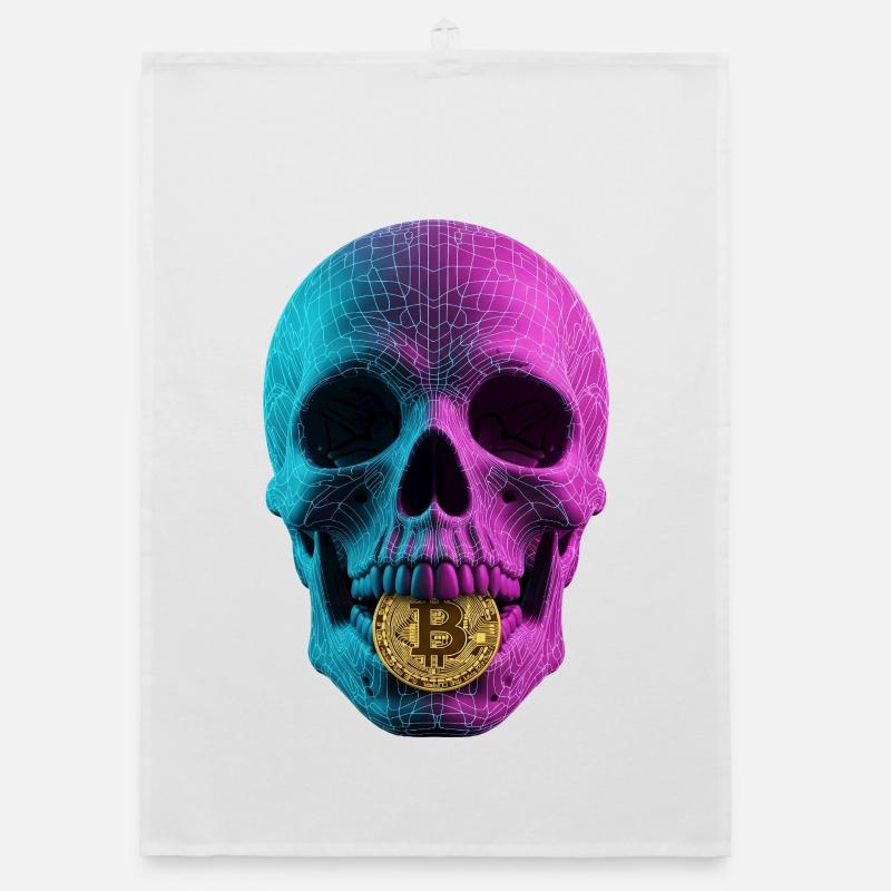 Bitcoin Skull Wireframe Design Cyan Magenta Organic dish towel
