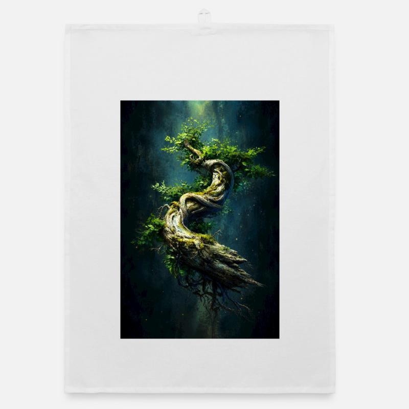 Spiral Verdant Tree in Dark Abyss Organic dish towel