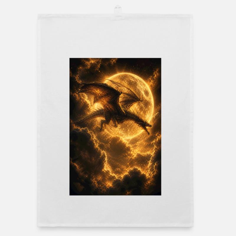 Dragon over Moonlit Ember Sky Organic dish towel