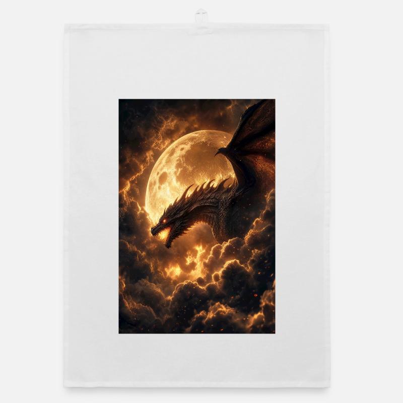Moonlit Dragon Over Fiery Clouds Organic dish towel