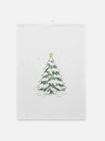 Schneebedeckter Weihnachtsbaum mit goldenem Stern - Organic Geschirrtuch - Weiß - Vorne