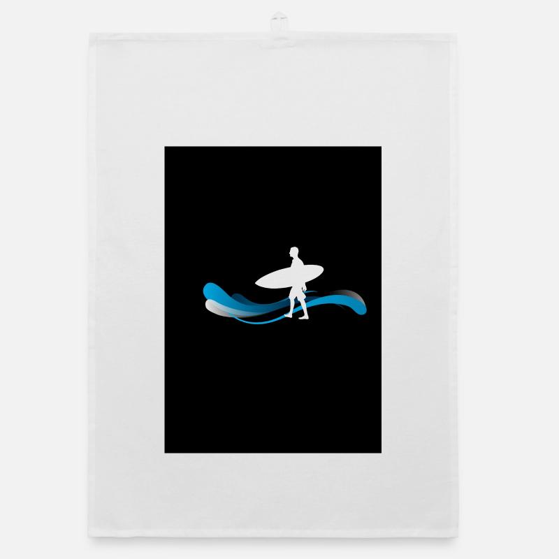 Surfer silhouette on waves - Organic dish towel - white
