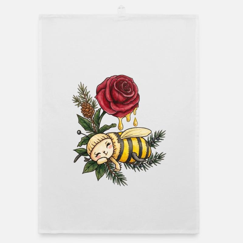 Abeille miel·lière rêvant parmi les roses - Torchon bio - blanc