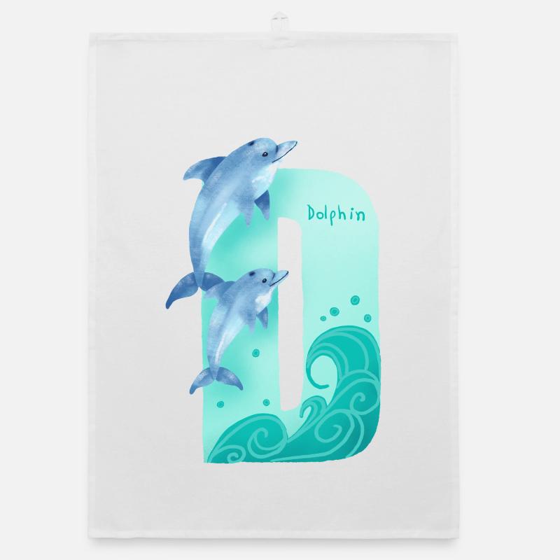 Whimsical Alphabet. Letter D. Blue Dolphin design. Organic dish towel