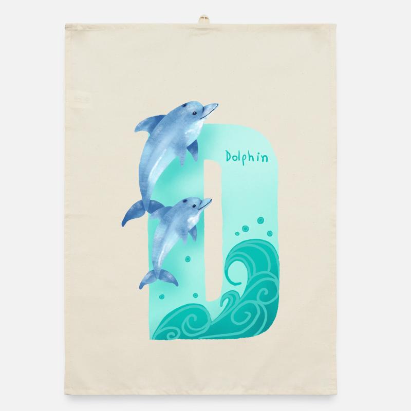 Whimsical Alphabet. Letter D. Blue Dolphin design. Organic dish towel