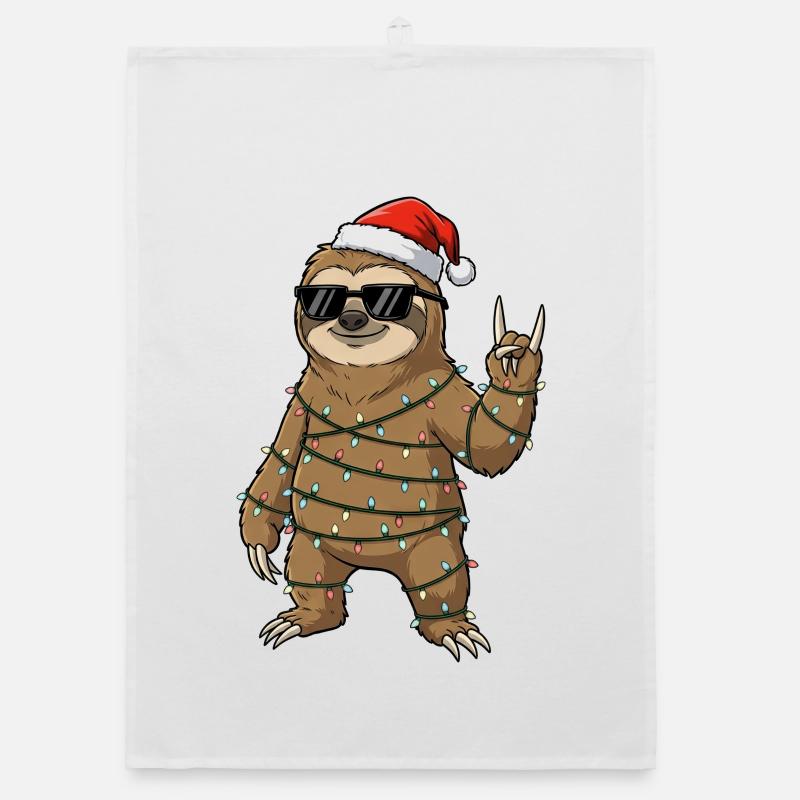 Cute Sloth with Christmas String Lights Cartoon Organic dish towel
