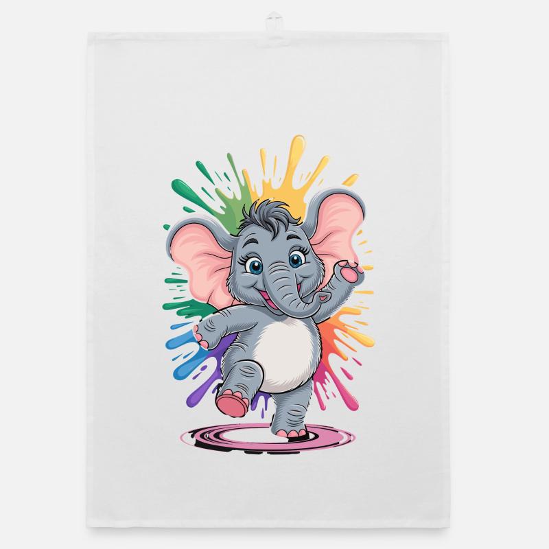 Cute dancing baby elephant with rainbow Organic dish towel