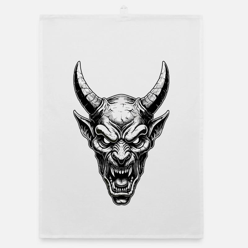 Demonic Horned Mask Devil Totem Black White Organic dish towel