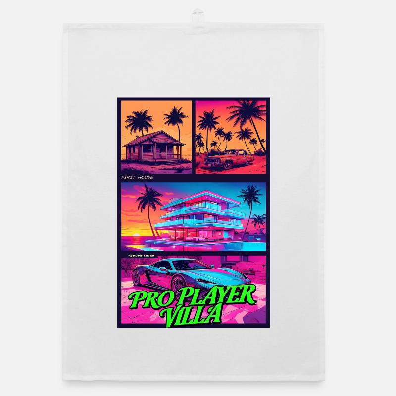 PRO PLAYER VILLA - Neon Synthwave Gaming Art Organic dish towel