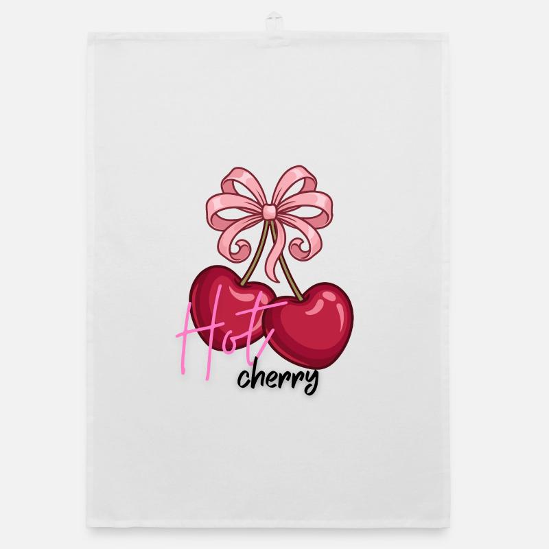 Cherry hearts with bow - Organic dish towel - white