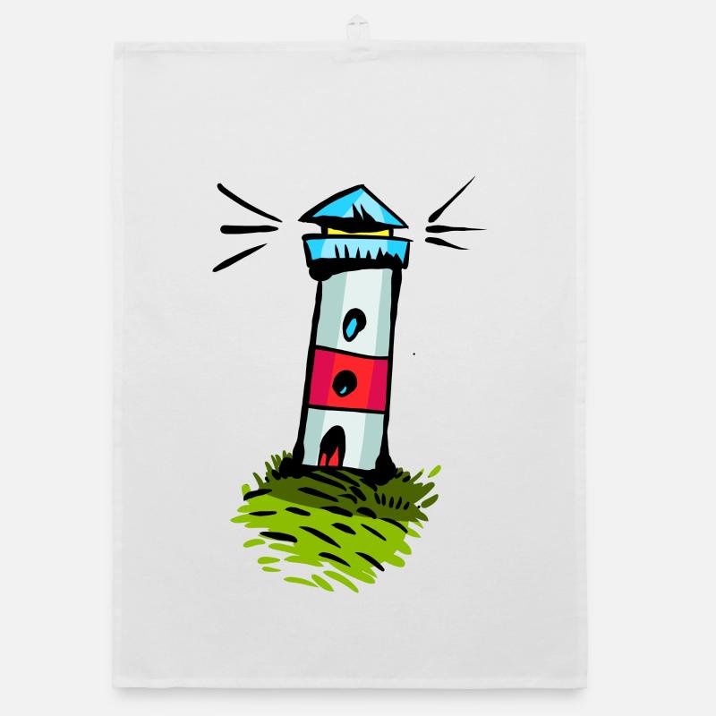 Bunter Leuchtturm auf Grünhügel - Organic Geschirrtuch - Weiß