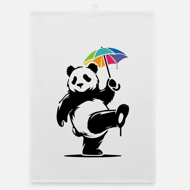 Dancing panda with rainbow umbrella Organic dish towel