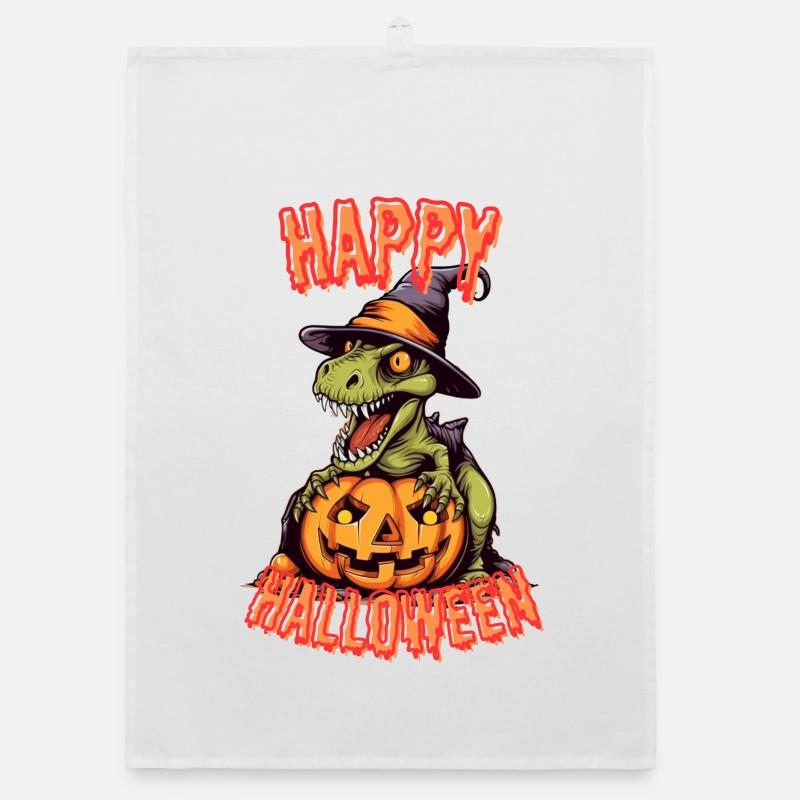 Spooky Halloween dinosaurs with pumpkin - Organic dish towel - white