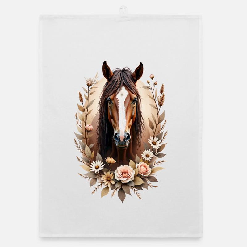 Élégant portrait de cheval avec des fleurs Torchon bio