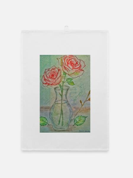 Zwei rote Rosen in einer Vase - Organic Geschirrtuch - Weiß