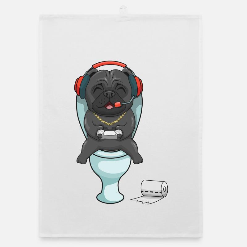 Hardcore Gamer Mops auf der Toilette zockt - Organic Geschirrtuch - Weiß