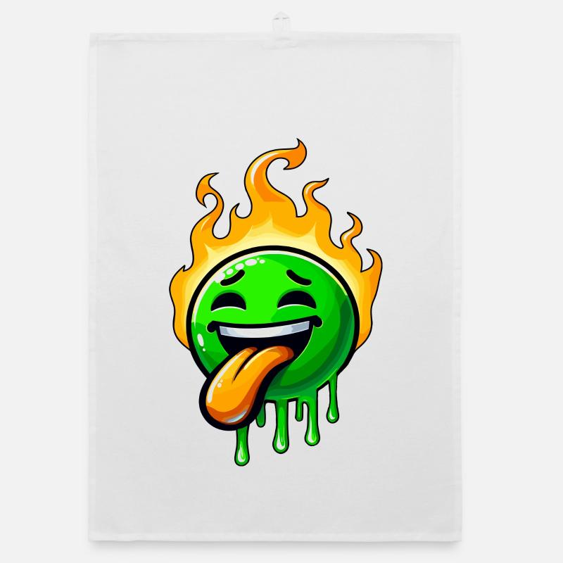 Funny Green Smiley with Fire Organic dish towel