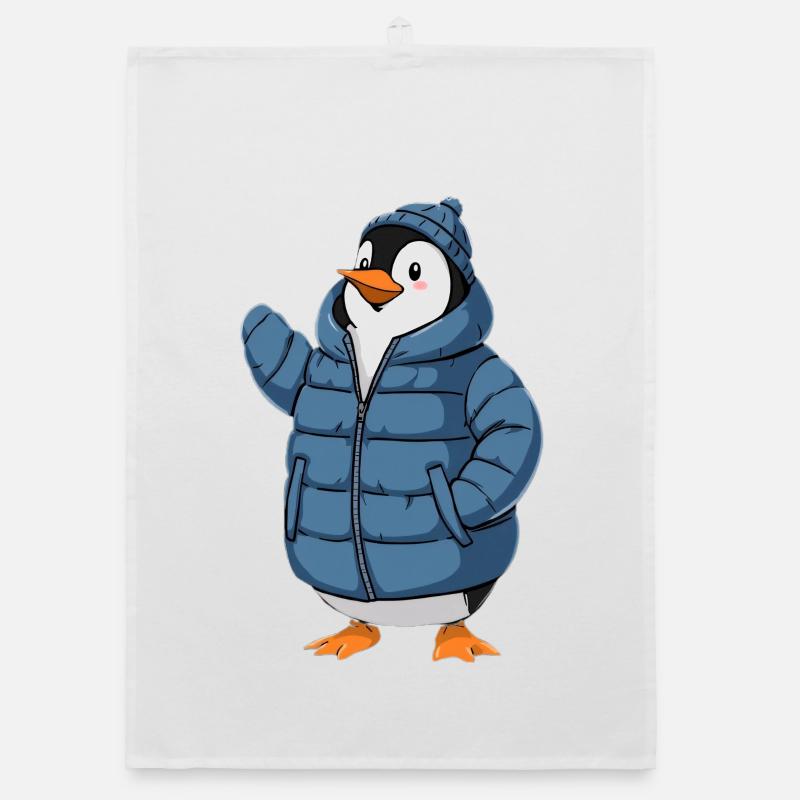 Penguin in blue winter jacket Organic dish towel