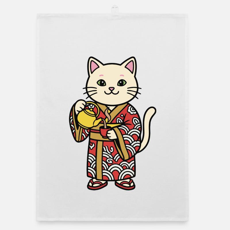 Japanese cat with tea Organic dish towel