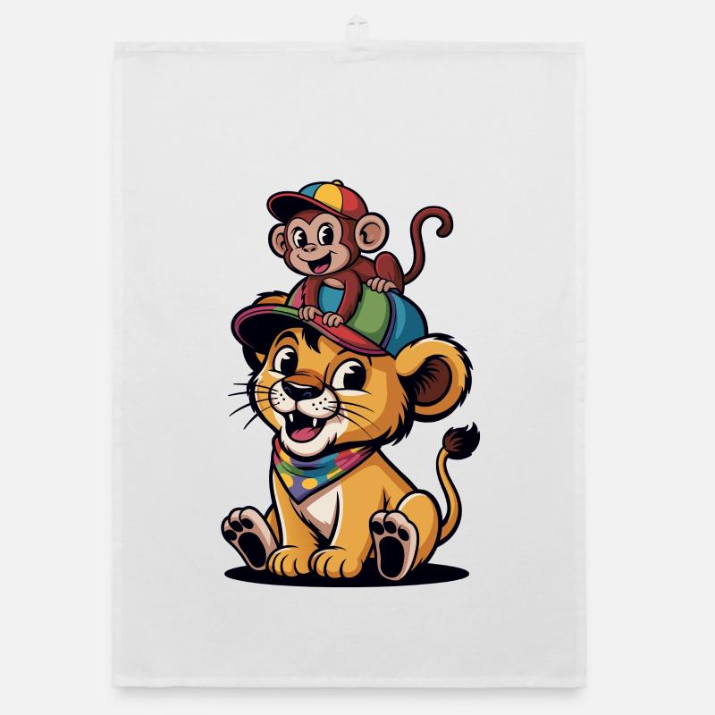 Jungle Duo: Monkey on Lion with Hat Organic dish towel