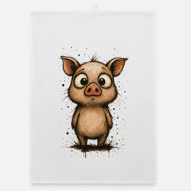 Funny piglet with big eyes – splash - Organic dish towel - white