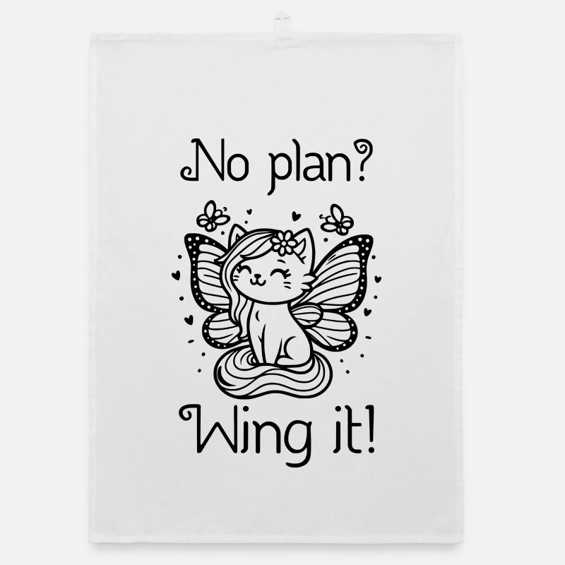 No plan? Wing it! Winged Cat (black) Organic dish towel