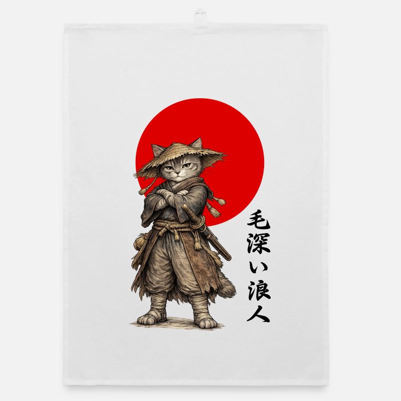Chat Ronin Samouraï sous le Soleil Rouge Torchon bio
