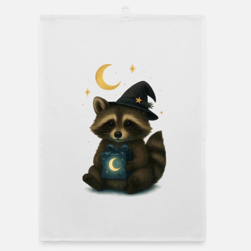 Mystical raccoon with gift Organic dish towel