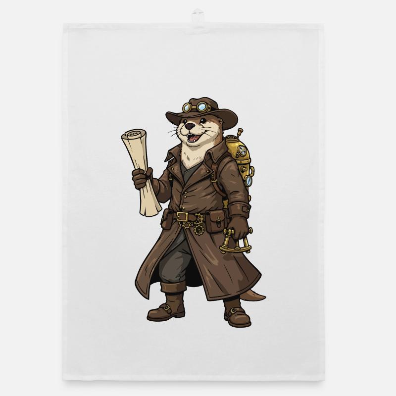 Otter Explorer Steampunk Retro Cartographer Organic dish towel