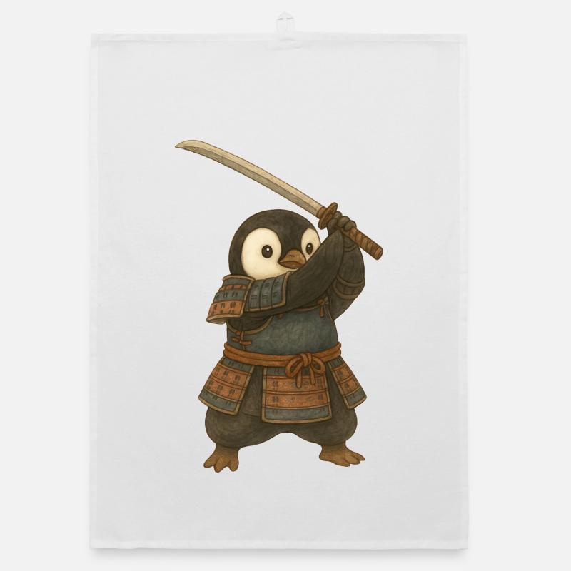 Pingouin, Samouraï, Katana, Épée, Arts martiaux, Japon - Torchon bio - blanc