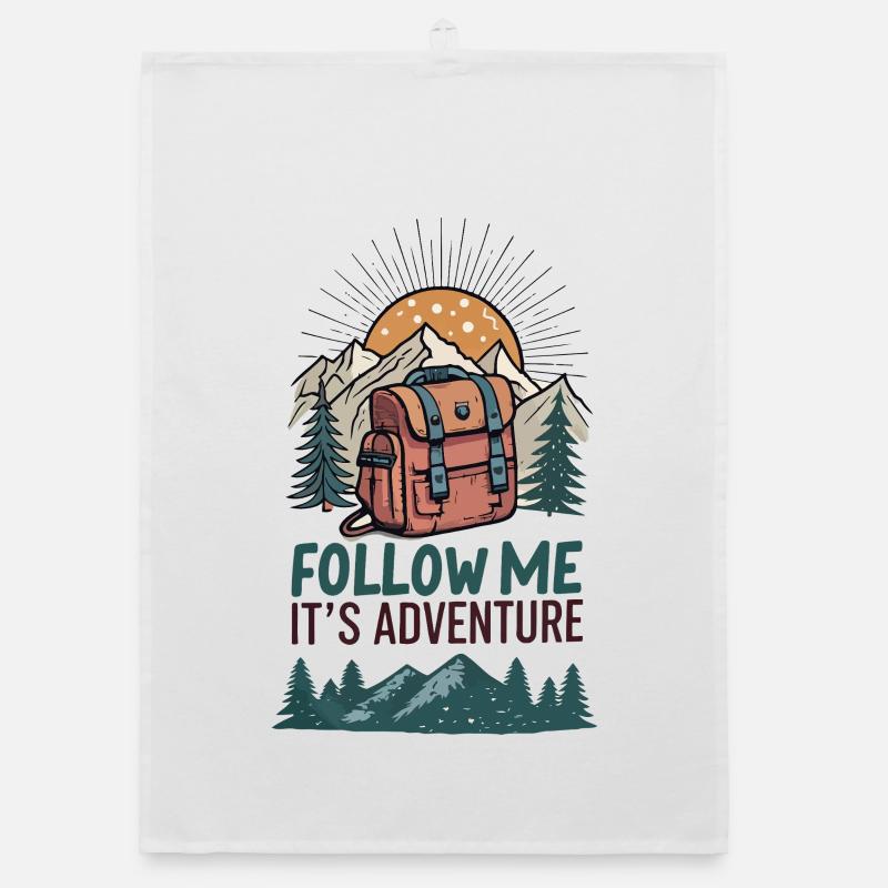 Backpack and mountains with adventure slogan Organic dish towel
