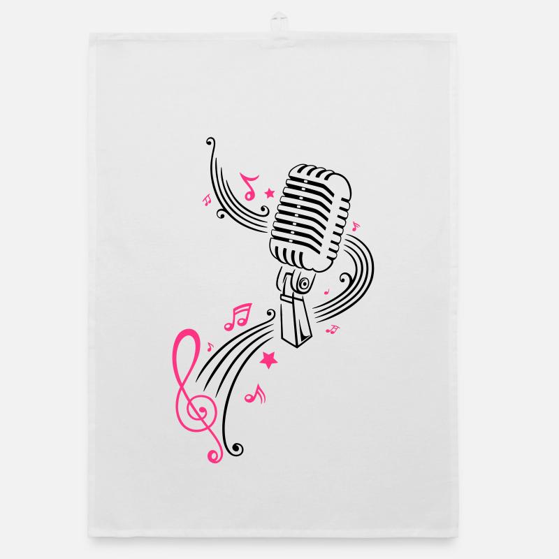 Retro microphone with music notes and clef. Organic dish towel