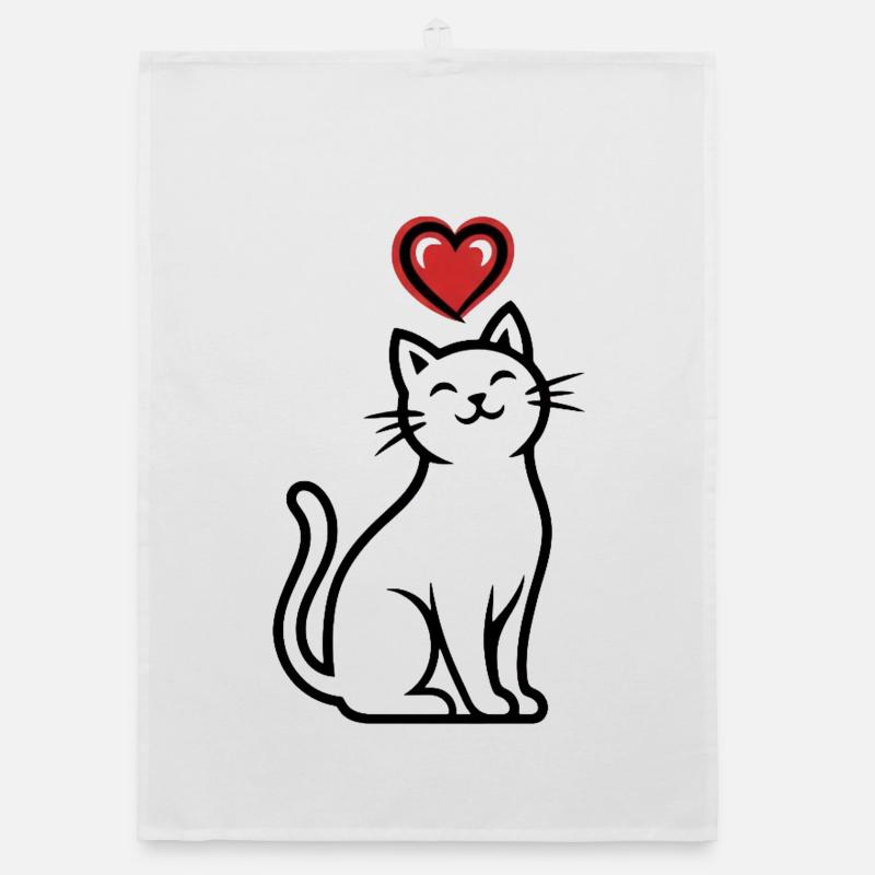 Dessin au trait de chat en forme de cœur - Torchon bio - blanc