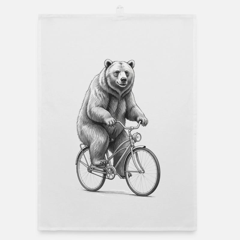 Bear on Bicycle in Monochrome Whimsy Organic dish towel