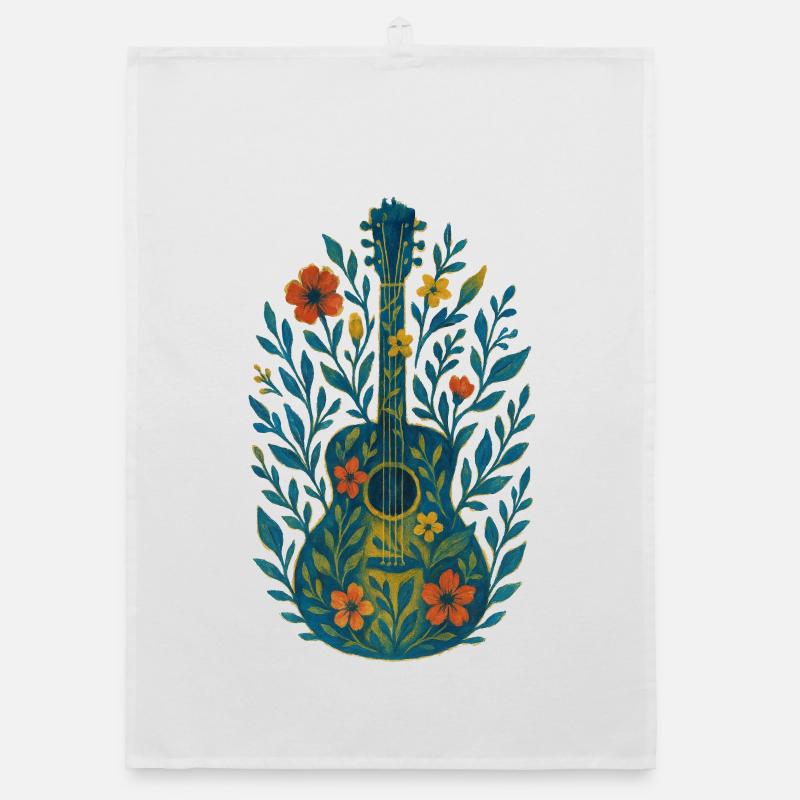 Guitare florale à l’aquarelle - Torchon bio - blanc