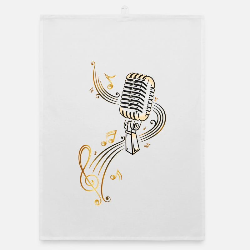 Retro microphone with music notes and clef. Organic dish towel