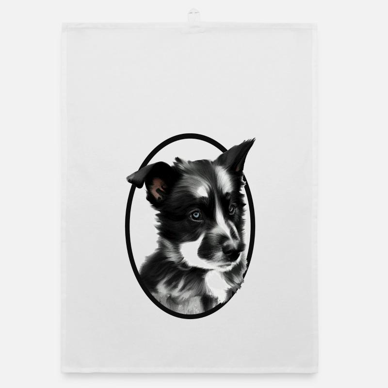 Chien de travail noir et blanc-Chien de berger - Torchon bio - blanc
