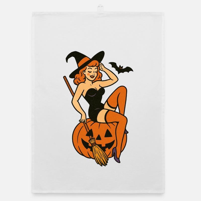 Vintage Witch with Jack-o-Lantern Scene Organic dish towel