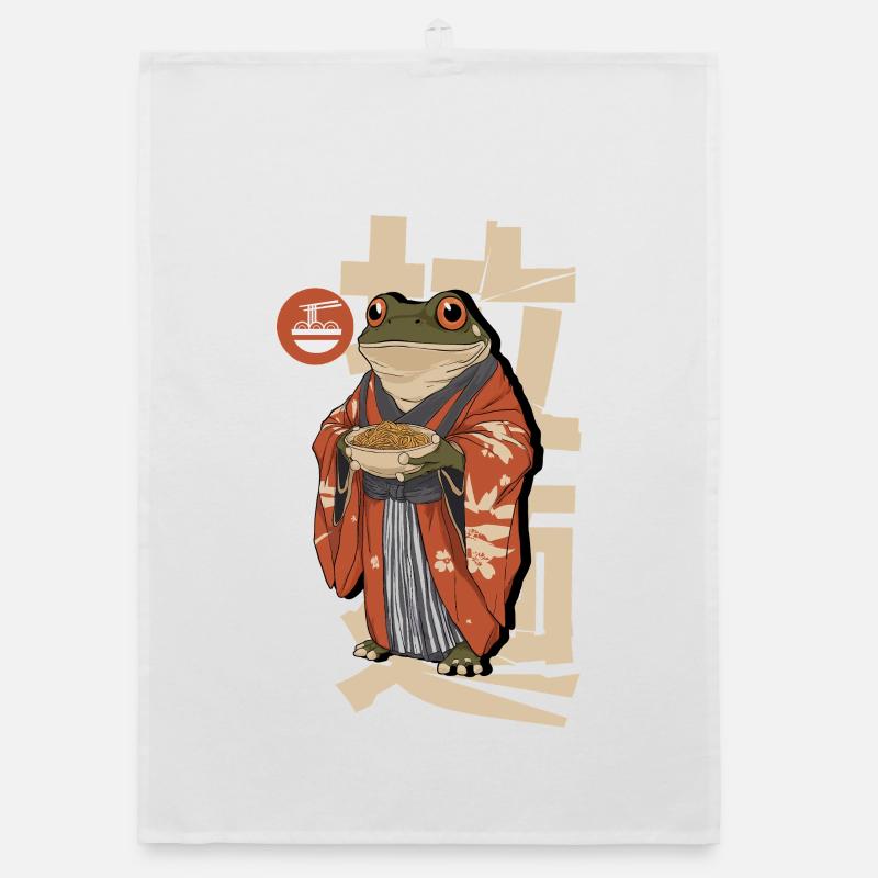 Frog eating ramen - Organic dish towel - white