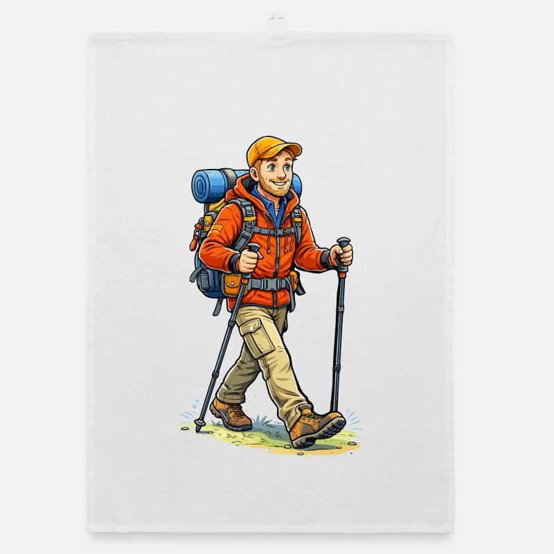 Adventurous hiker with backpack Organic dish towel