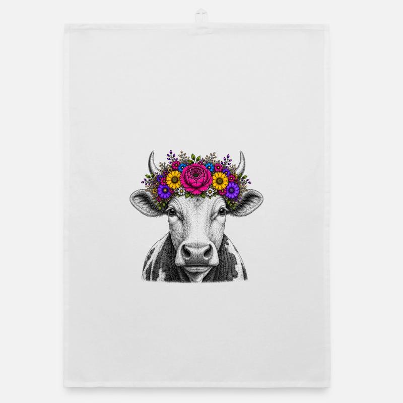 Vache avec couronne de fleurs Torchon bio