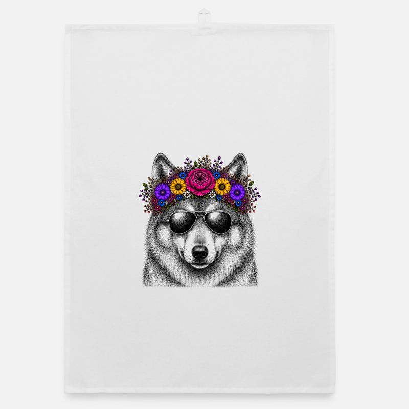 Loup avec une couronne de fleurs et des lunettes de soleil Torchon bio