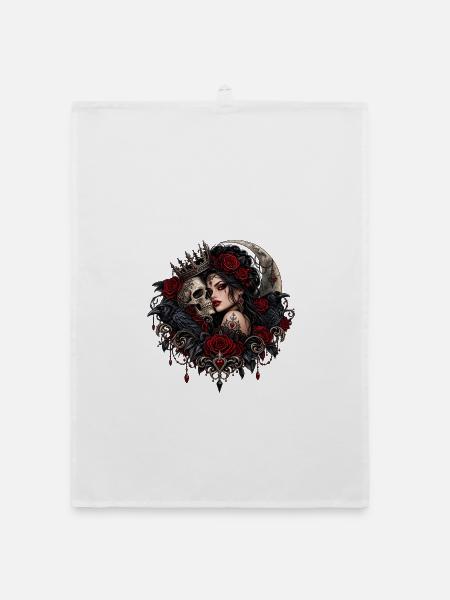Crimson Raven Queen – Gothic Skull & Red Rose Dark - Organic Geschirrtuch - Weiß